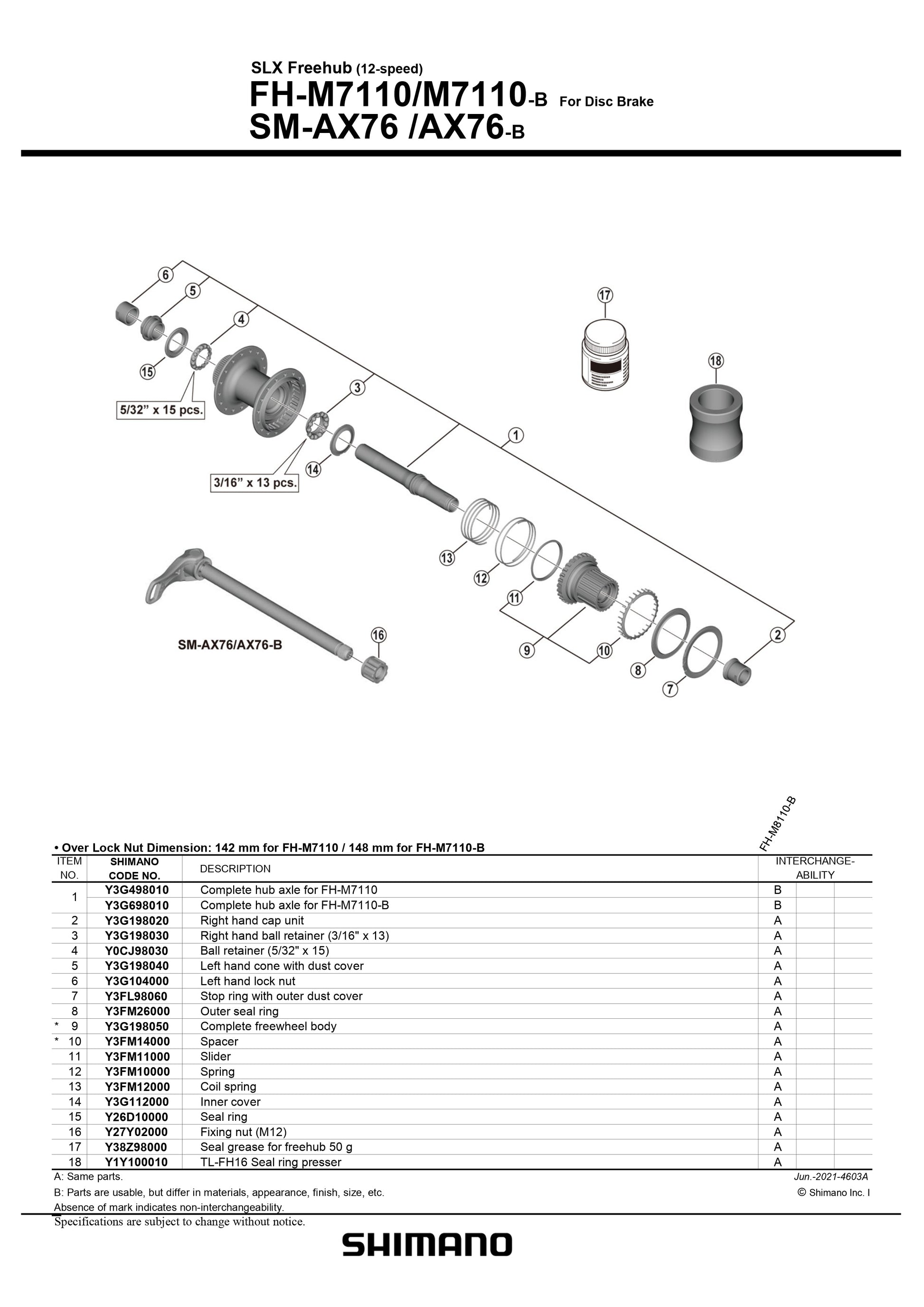 SHIMANO SLX FH-M7110 Freehub for Disc Brake 12-Speed Rear Complete