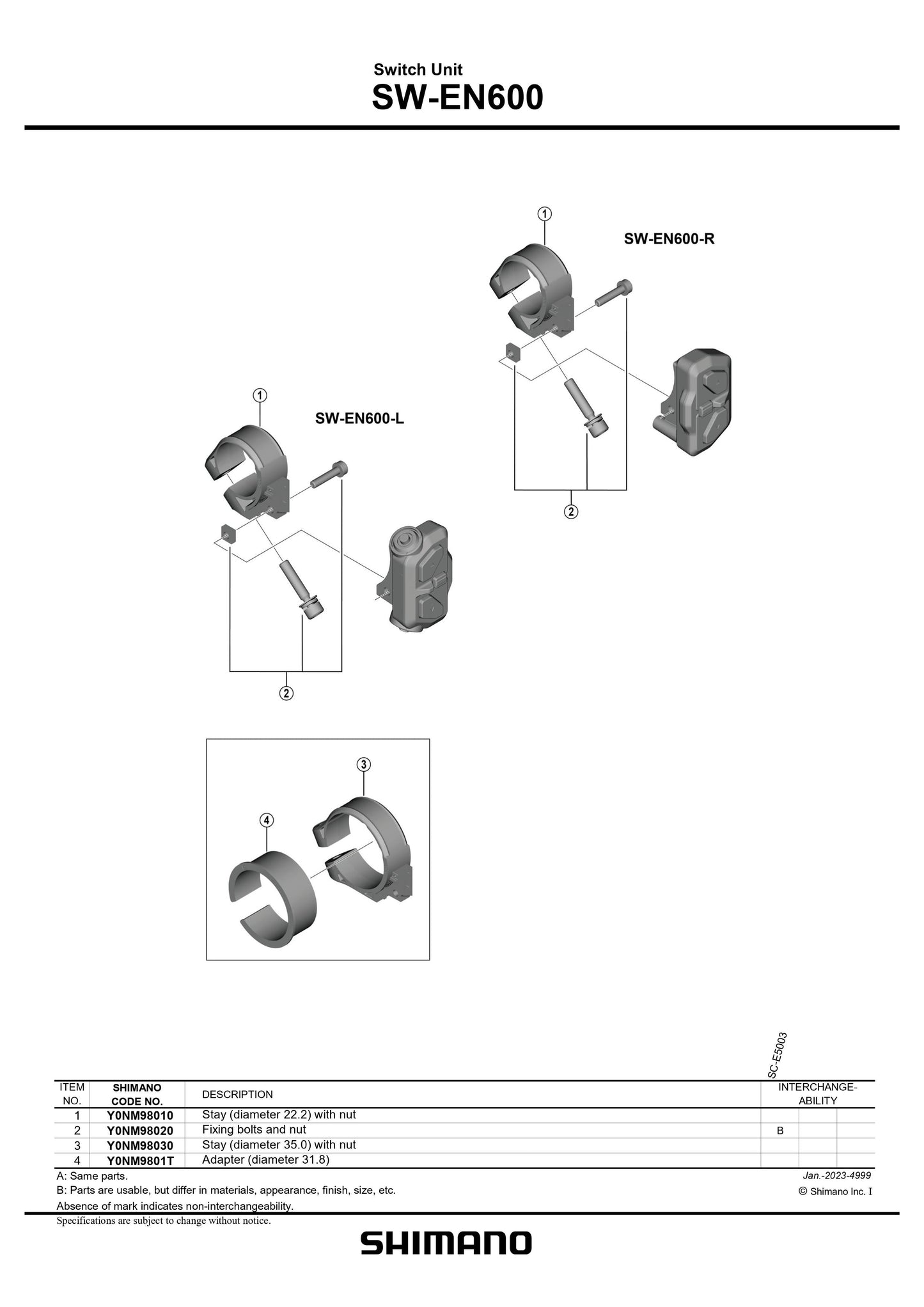 SHIMANO SW-EN600 Switch Unit Stay Diameter 22.2 with Nut - Y0NM98010 ...