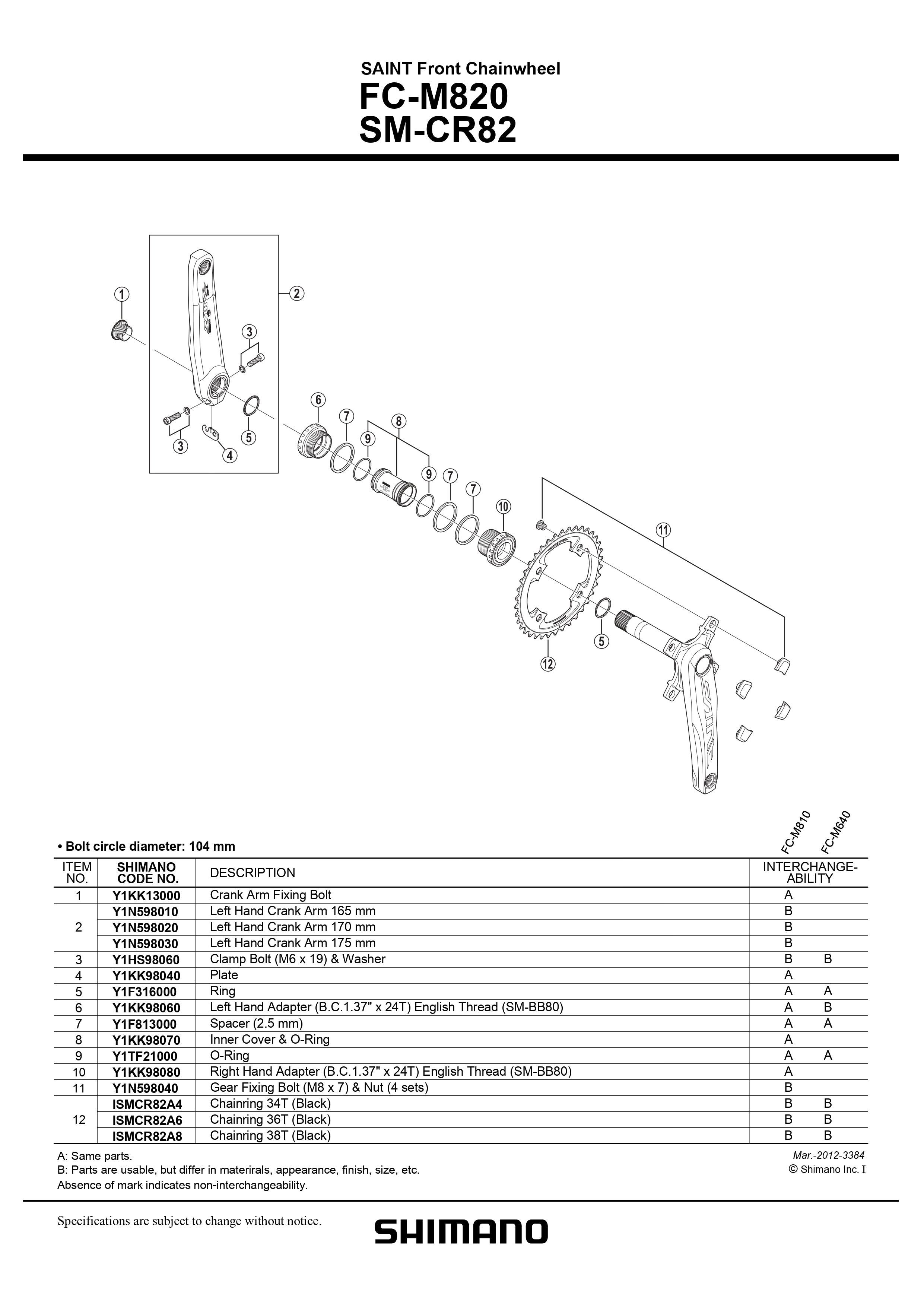 SHIMANO Saint FC-M820 Front Chainwheel Outer Chainring Bolts and