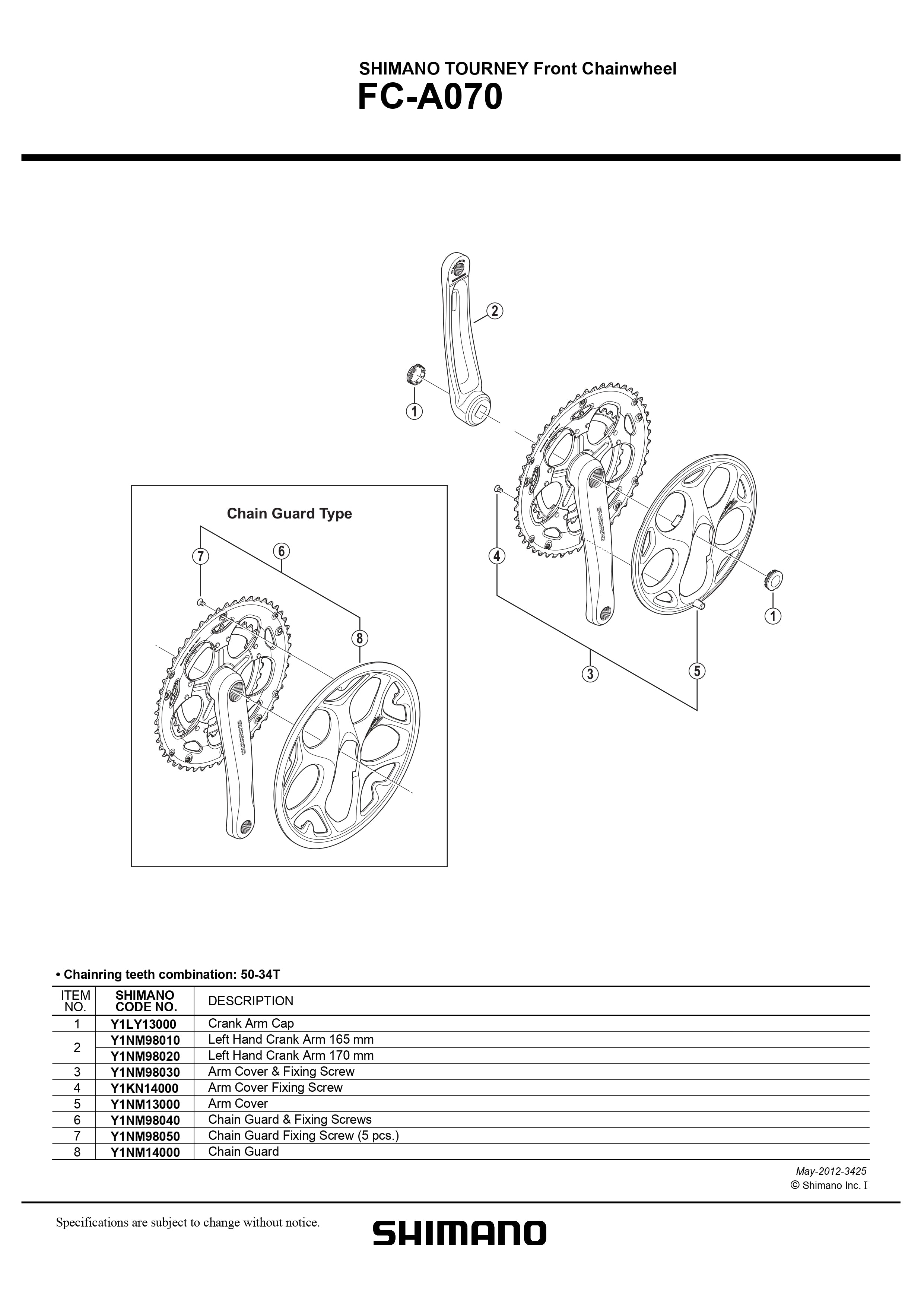 SHIMANO Tourney FC-A070 Road Riveted Crankset 2x7/8 Speed Square Taper with Chain Guard-Pit Crew Cycles