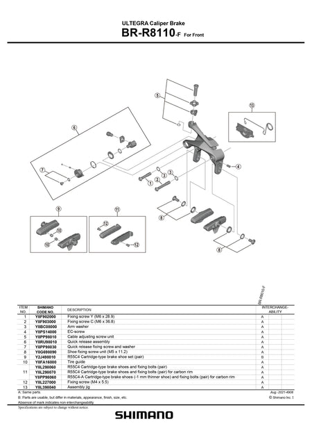 SHIMANO Ultegra BR-R8110-F Brake Caliper R55C4 Cartridge-Type Brake Shoe Set Pair 4-Piston - Y2J498010-Pit Crew Cycles