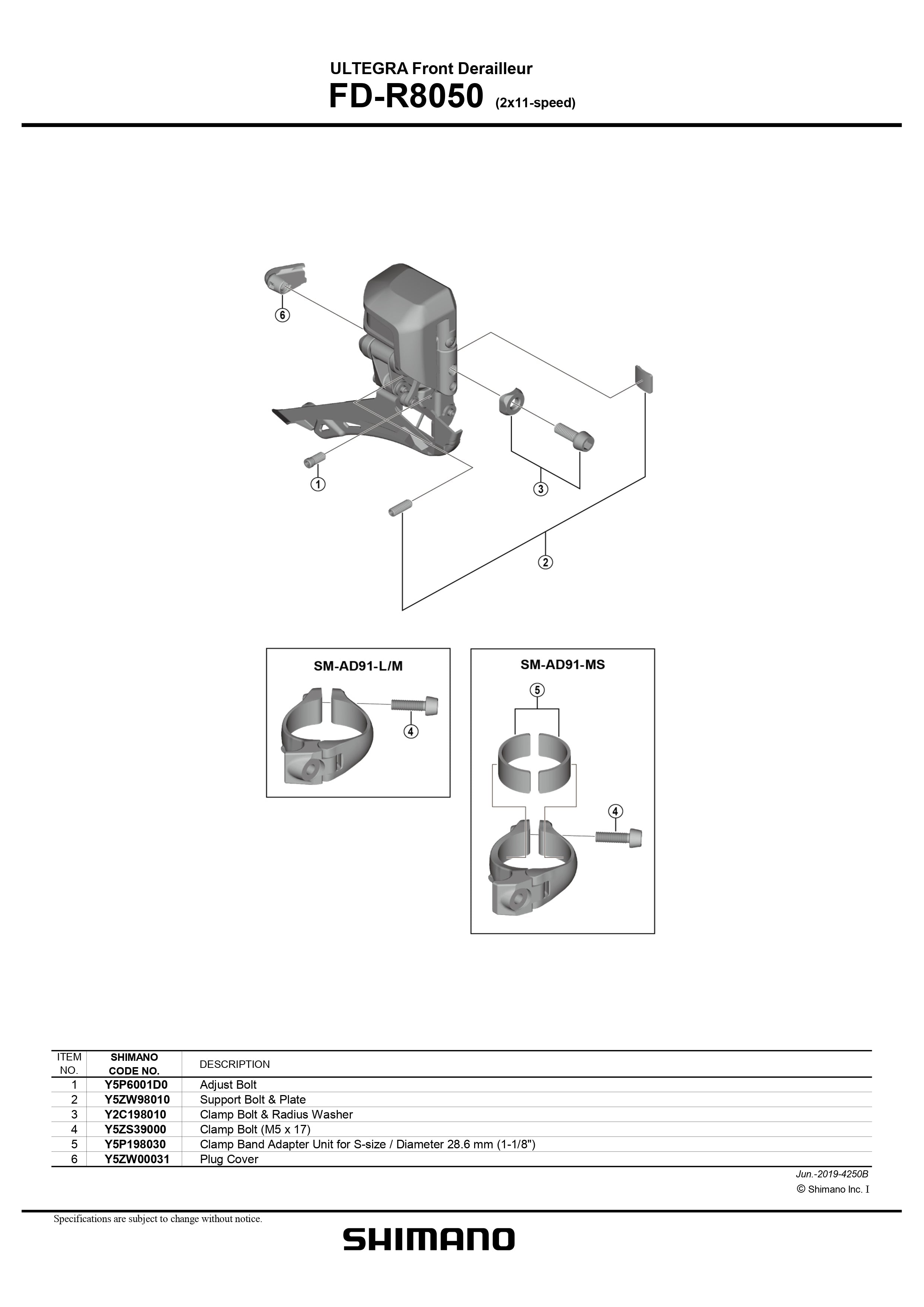 SHIMANO Ultegra Di2 FD-R8050 Front Derailleur Clamp Bolt and