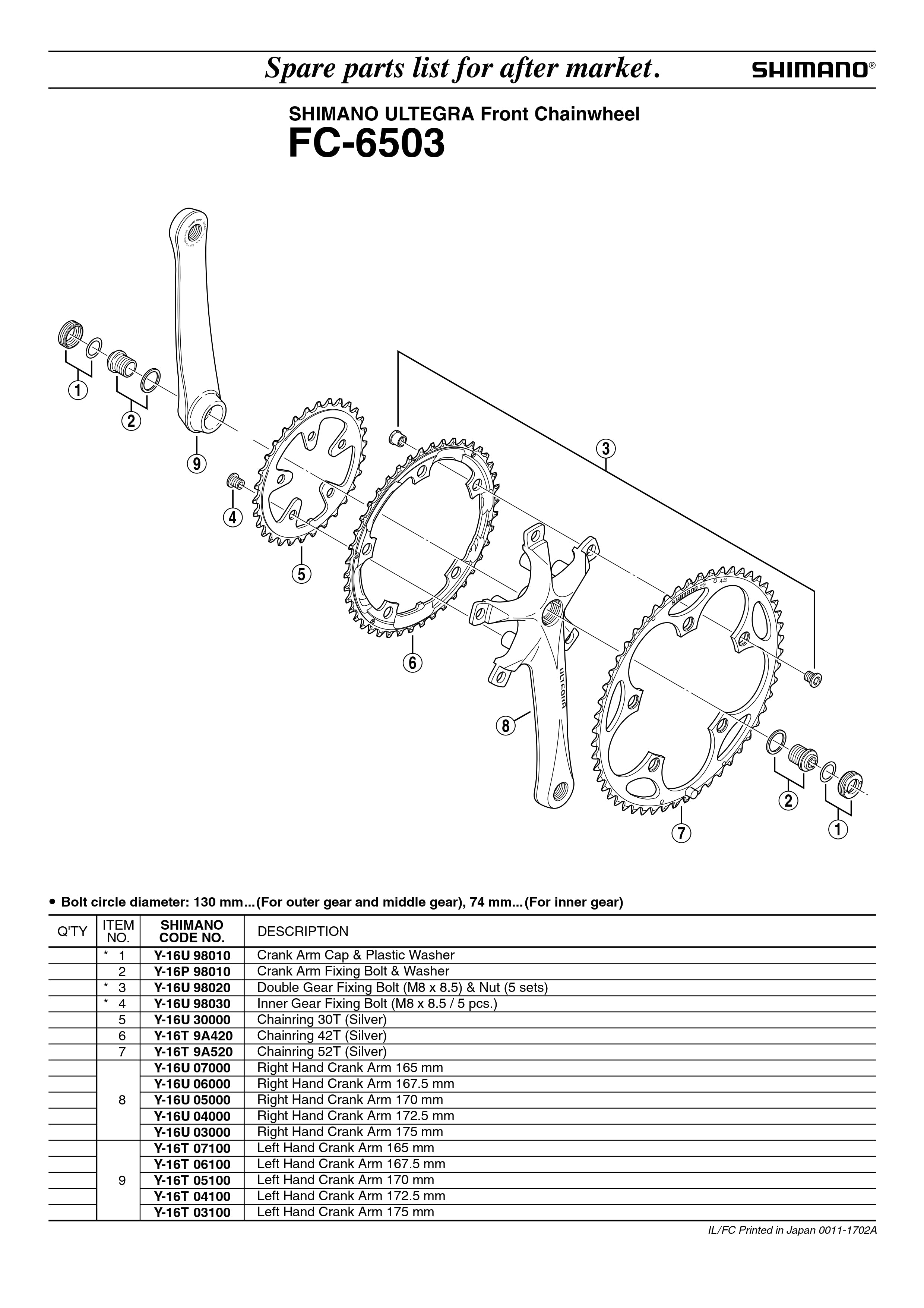 SHIMANO Ultegra FC-6503 Front Chainwheel Right Crank Arm-Pit Crew Cycles