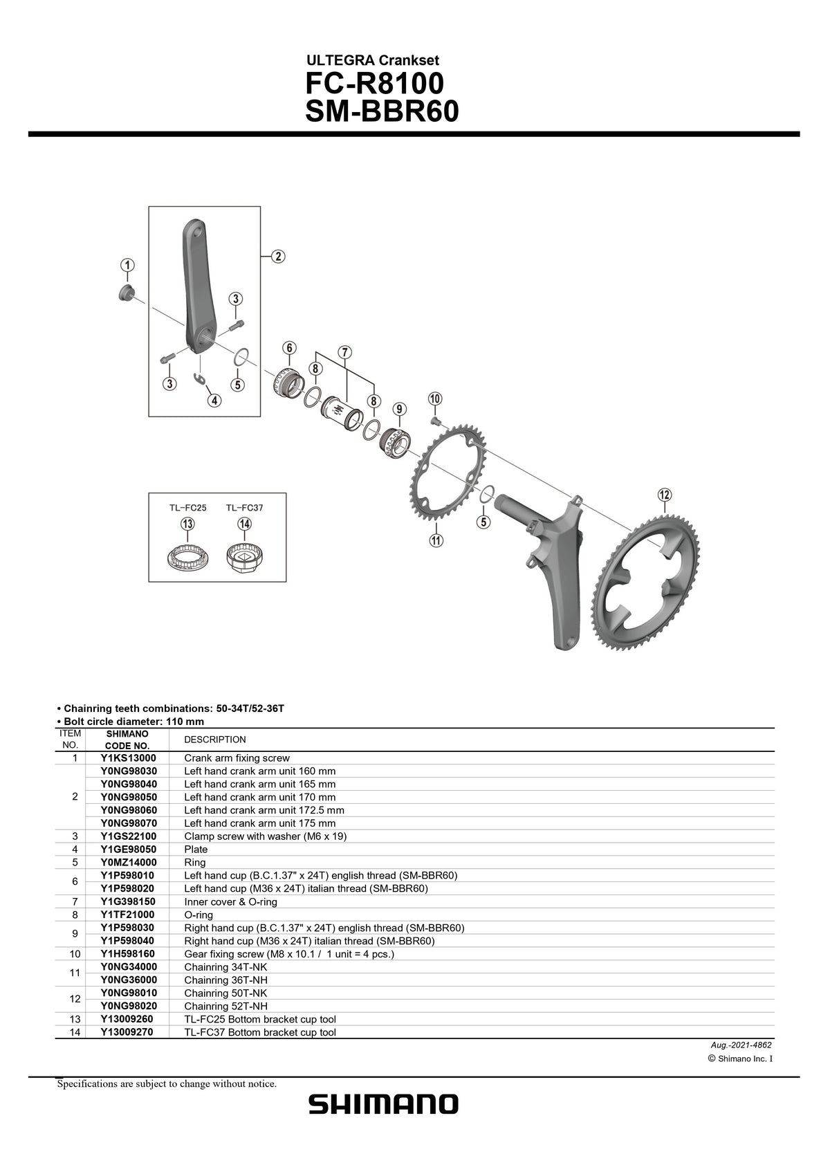 SHIMANO Ultegra FC-R8100 Crankset 110mm BCD 4 Arm Outer Chainring - 50T-NK - Y0NG98010-Pit Crew Cycles