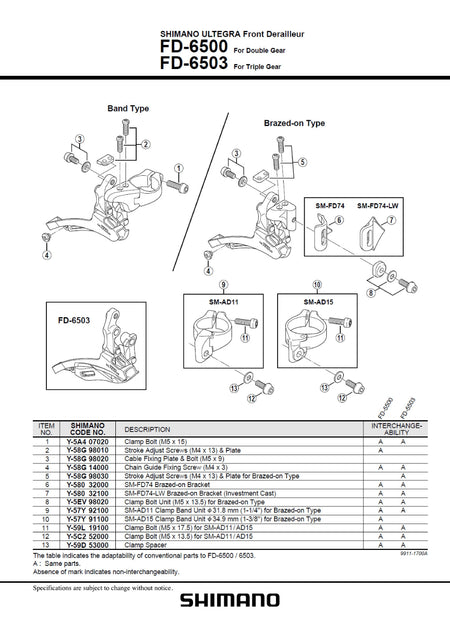 SHIMANO Ultegra FD-6500 Front Derailleur Cable Fixing Plate and Bolt M5x9 - Y58G98020-Pit Crew Cycles