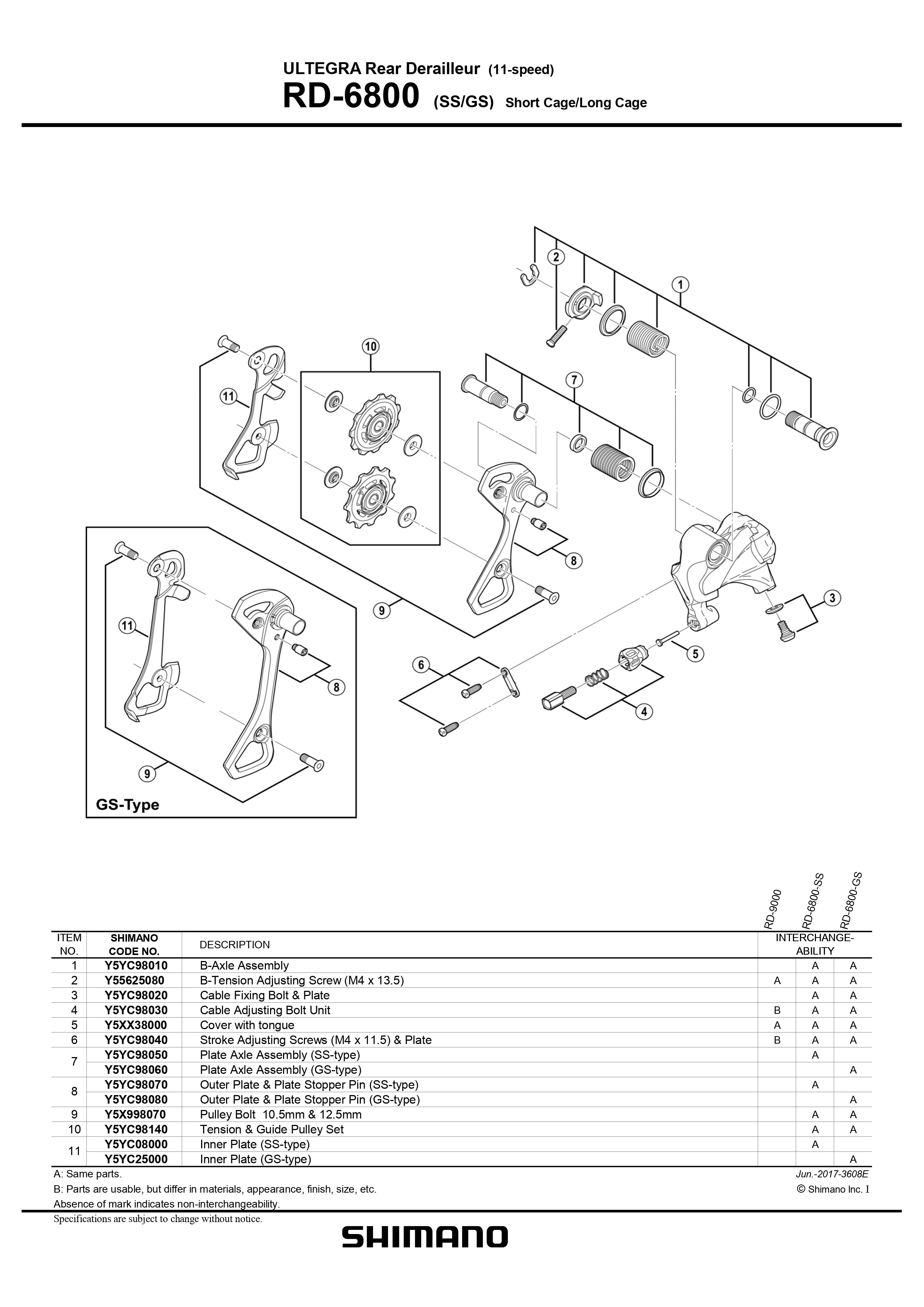 SHIMANO Ultegra RD-6800 Rear Derailleur 11-Speed Outer Plate and Plate Stopper Pin GS Medium Cage -Y5YC98080-Pit Crew Cycles