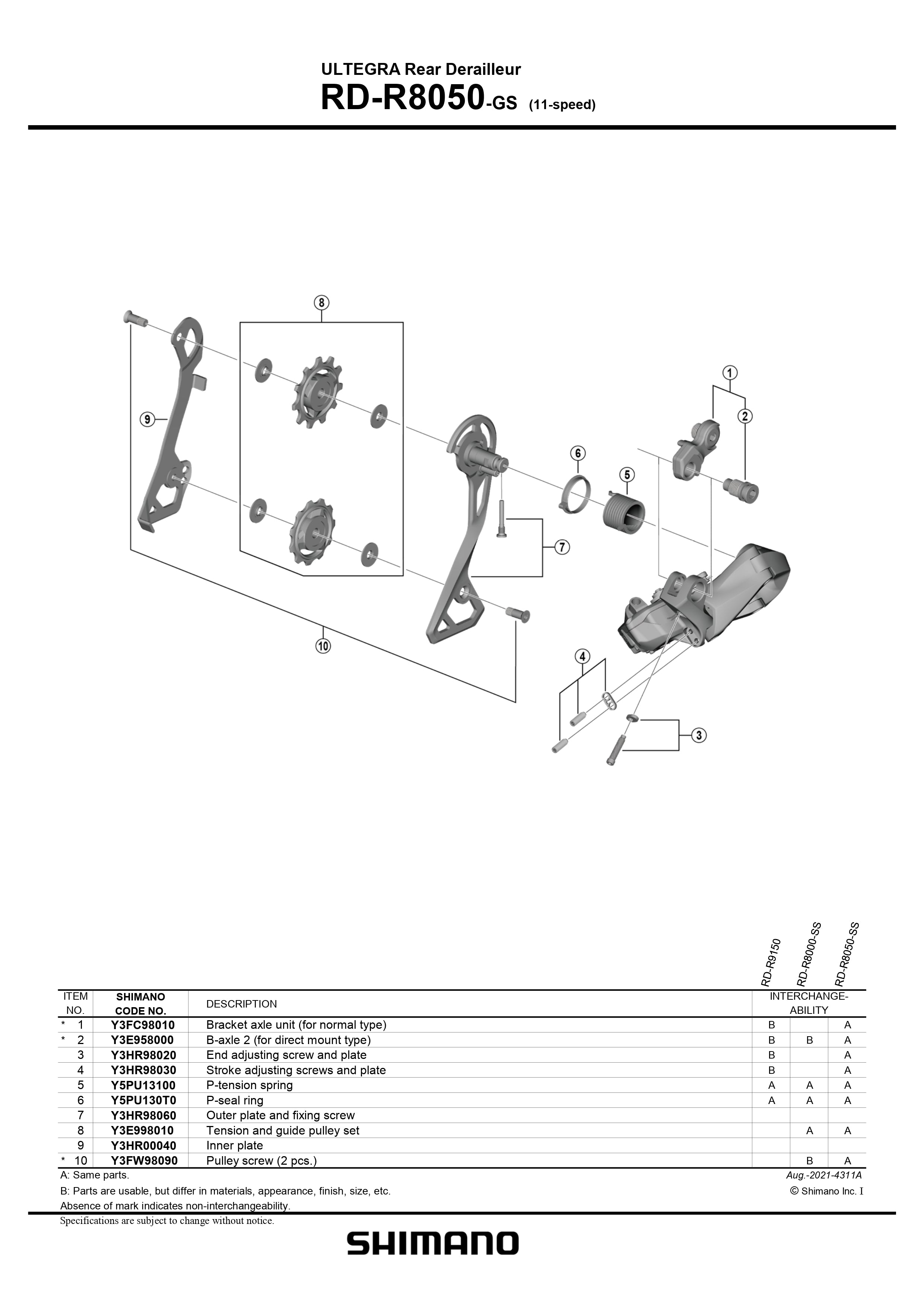 SHIMANO Ultegra RD-R8050 Di2 Rear Derailleur 11-Speed Bracket Axle