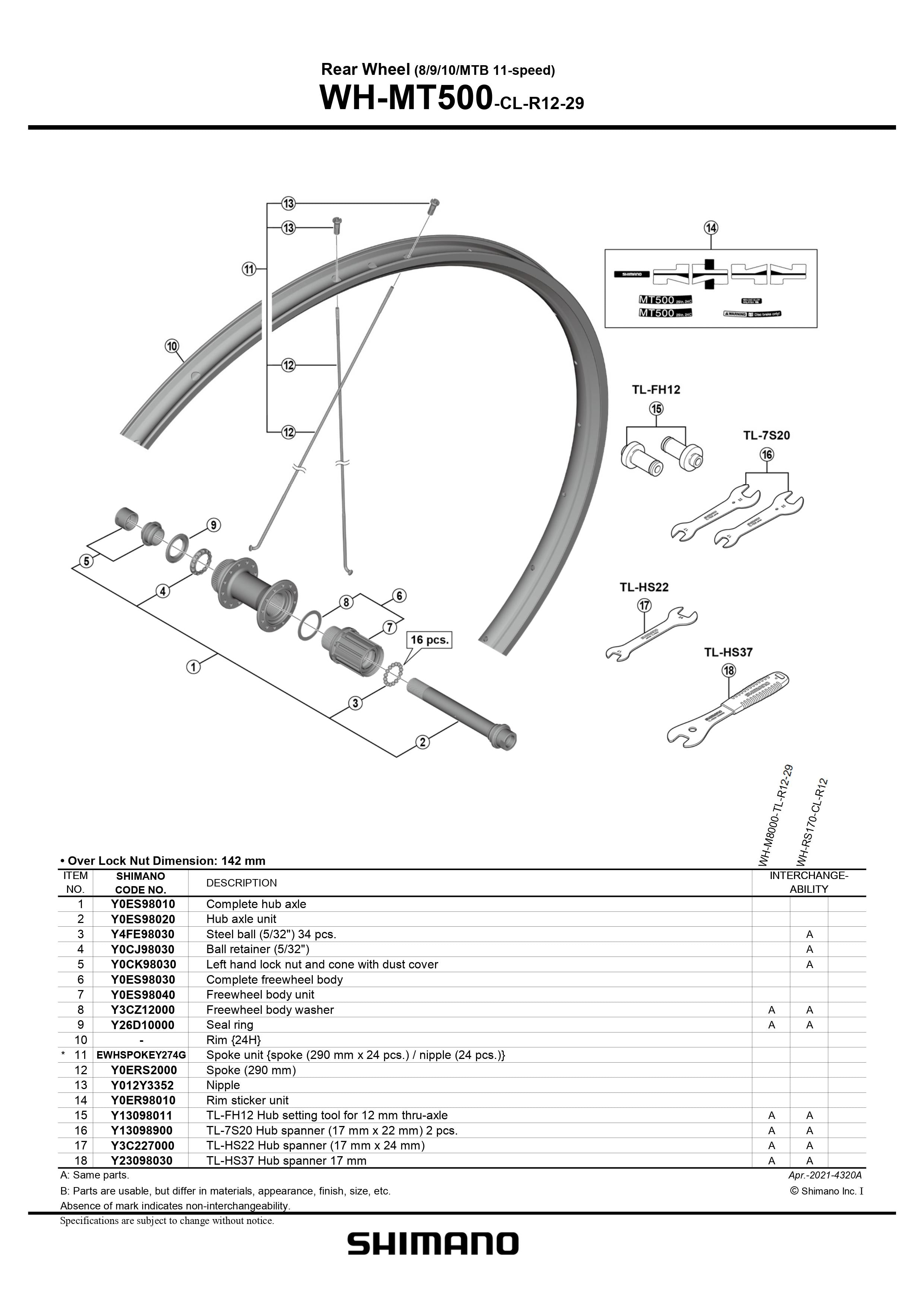 SHIMANO WH-MT500-CL-R12-29 Rear Wheel Complete Hub Axle - 8/9/10/MTB -  11-speed - Y0ES98010