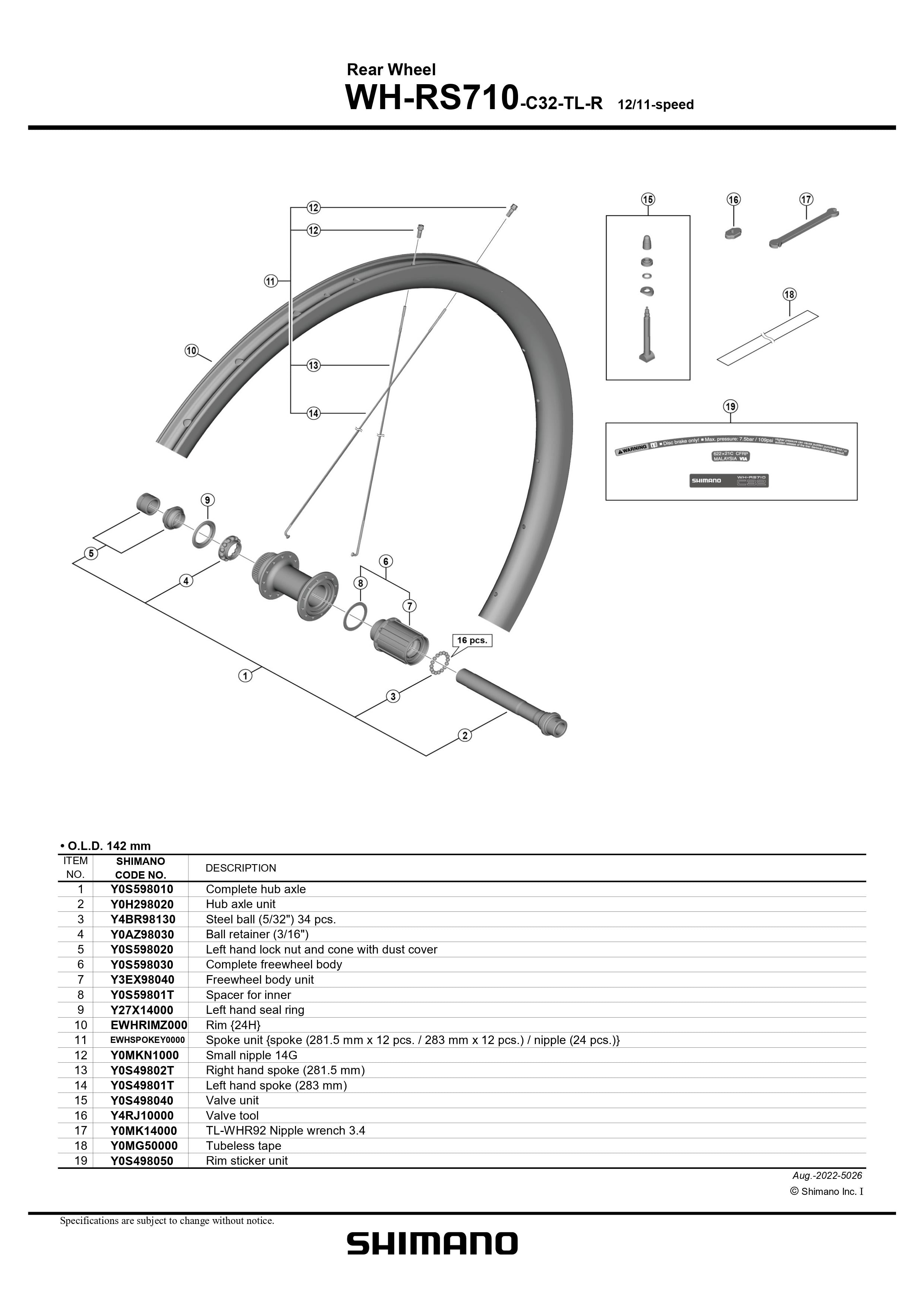 SHIMANO WH-RS710-C32-TL-R Rear Wheel Left hand spoke 283mm - 12/11-speed - Y0S49801T-Pit Crew Cycles