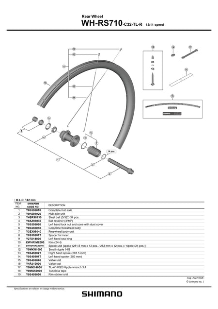 SHIMANO WH-RS710-C32-TL-R Rear Wheel Left hand spoke 283mm - 12/11-speed - Y0S49801T-Pit Crew Cycles