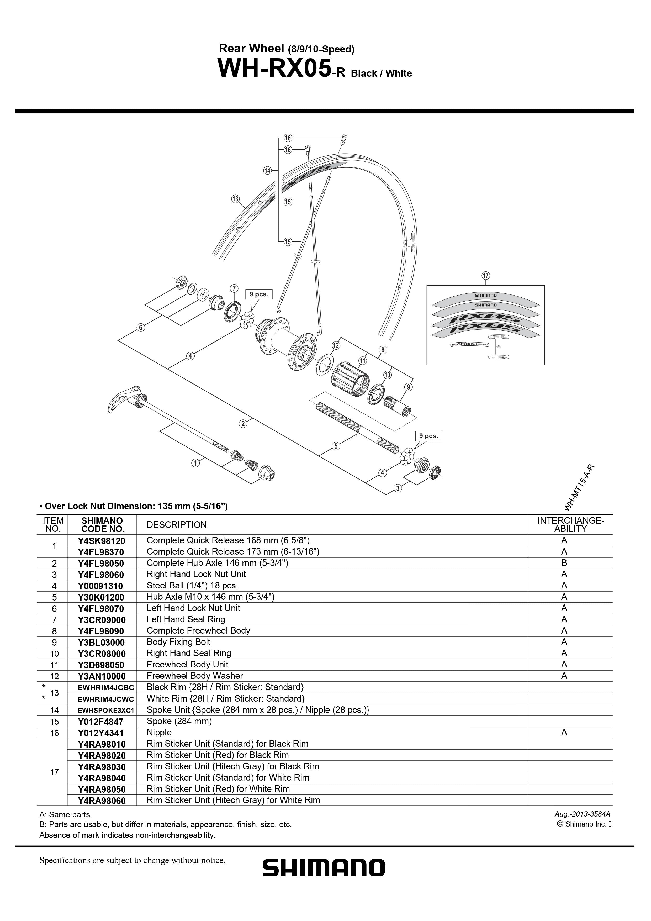 SHIMANO WH-RX05-R Rear Wheel Black / White Spoke 284mm 8/9/10-Speed ...