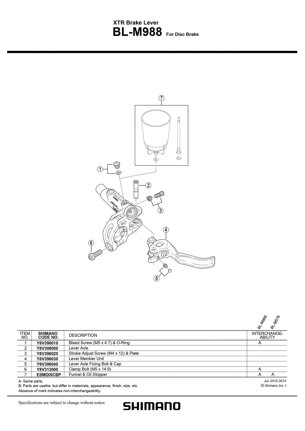 SHIMANO XTR BL-M988 Disc Brake Lever Axle Fixing Bolt and Cap