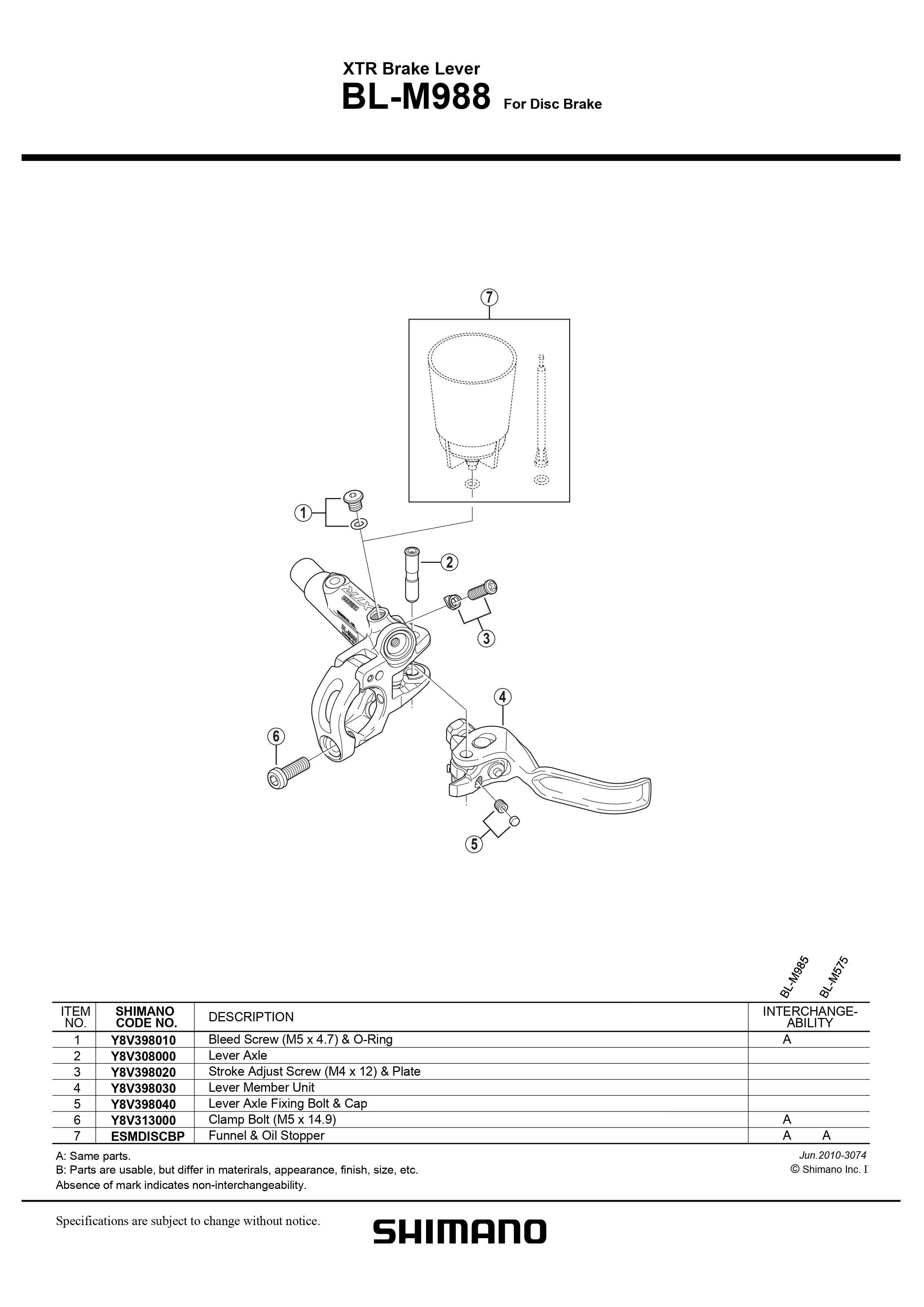 SHIMANO XTR BL-M988 Disc Brake Lever Axle - Y8V308000-Pit Crew Cycles