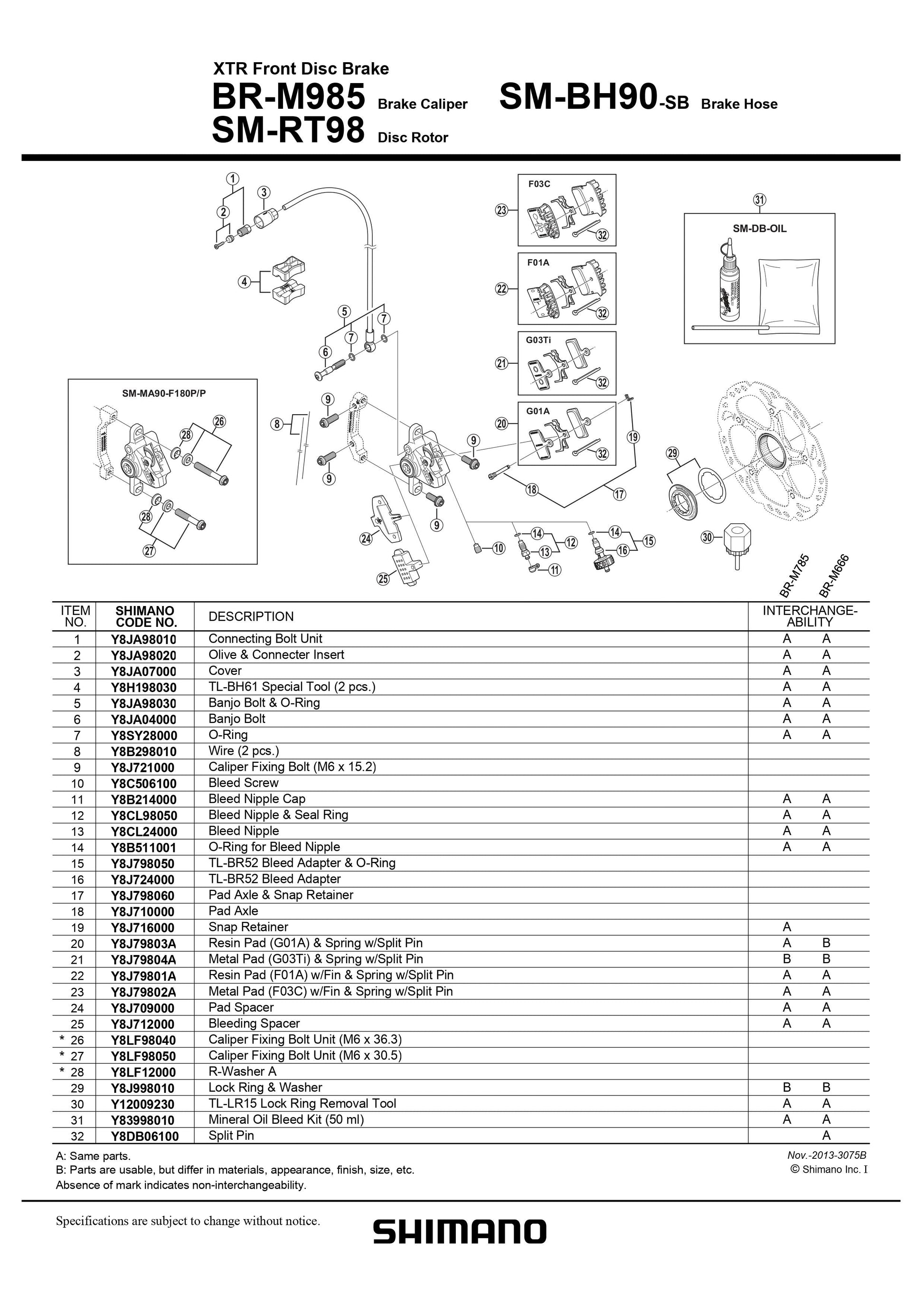 SHIMANO XTR BR-M985 Disc Brake Caliper Pad Axle and Snap Retainer