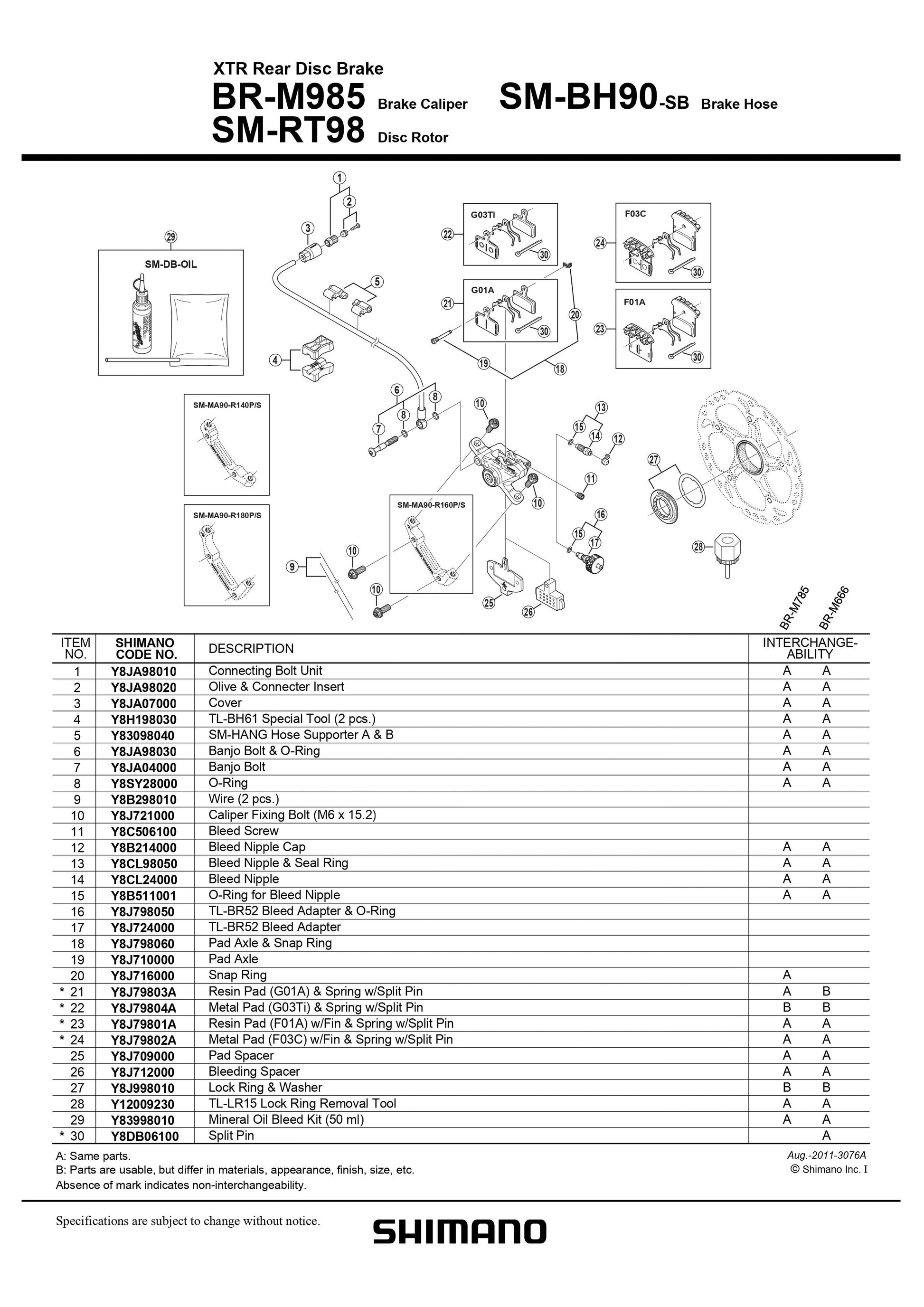 SHIMANO XTR BR-M985 Disc Brake Caliper Pad Axle and Snap Retainer