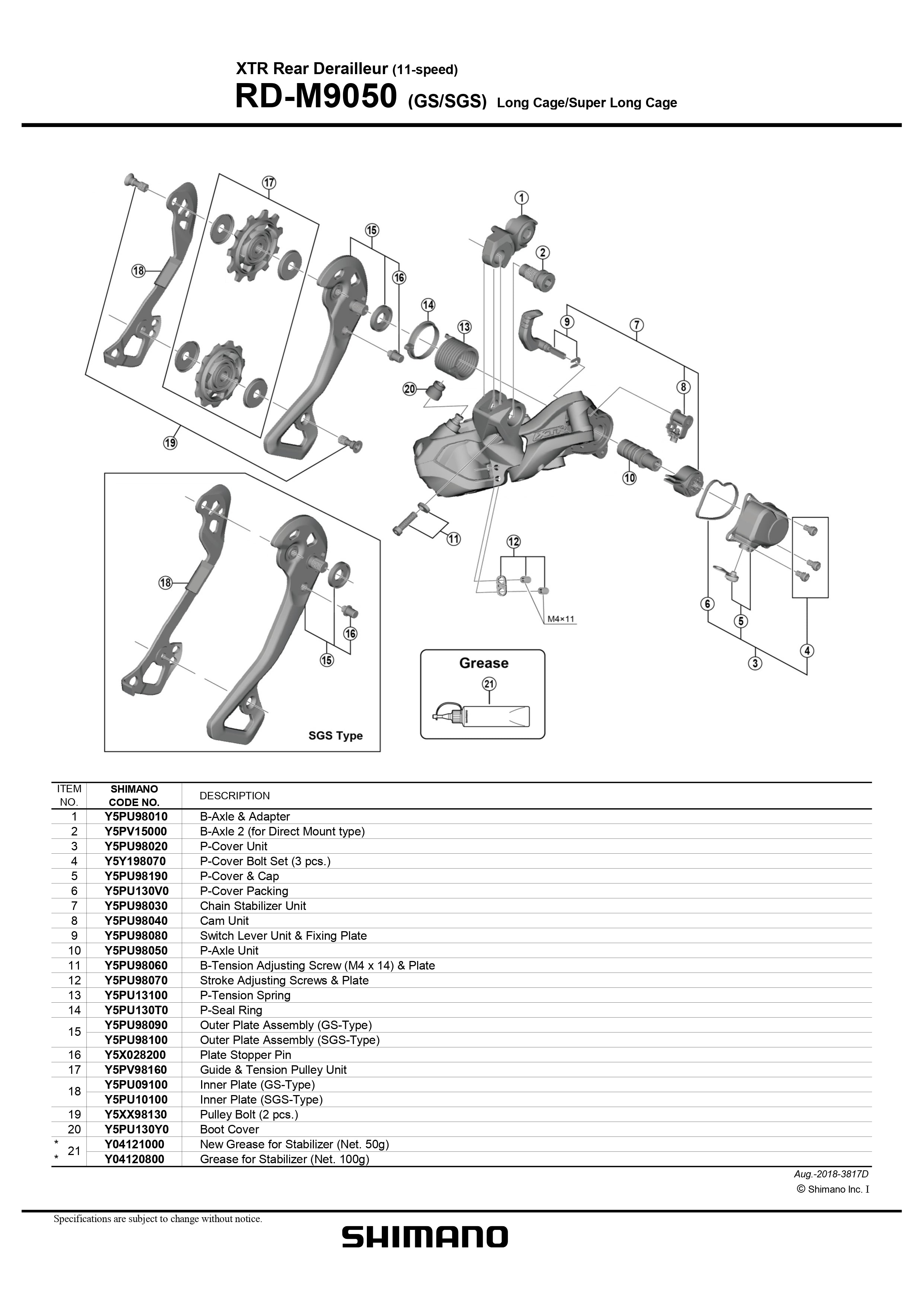 SHIMANO XTR Di2 RD-M9050 (GS/SGS) Rear Derailleur 11-Speed B-Tension Adjusting Screw (M4 x 14) & Plate - Y5PU98060-Pit Crew Cycles