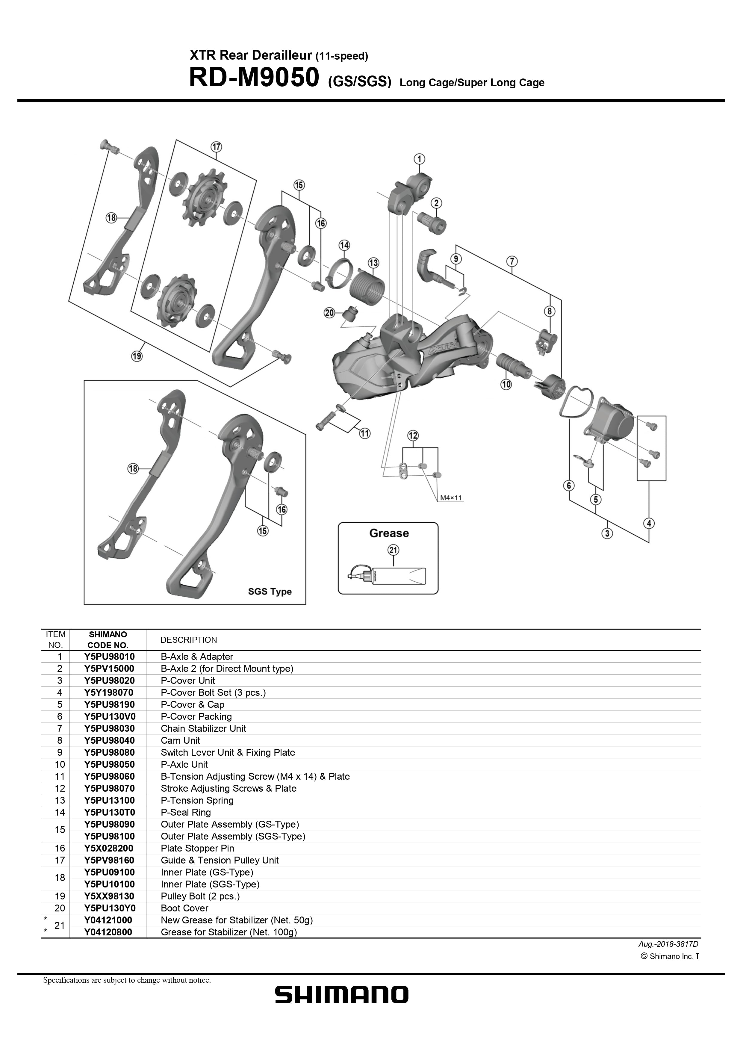 SHIMANO XTR Di2 RD-M9050 (GS/SGS) Rear Derailleur 11-Speed Switch – Pit  Crew Cycles