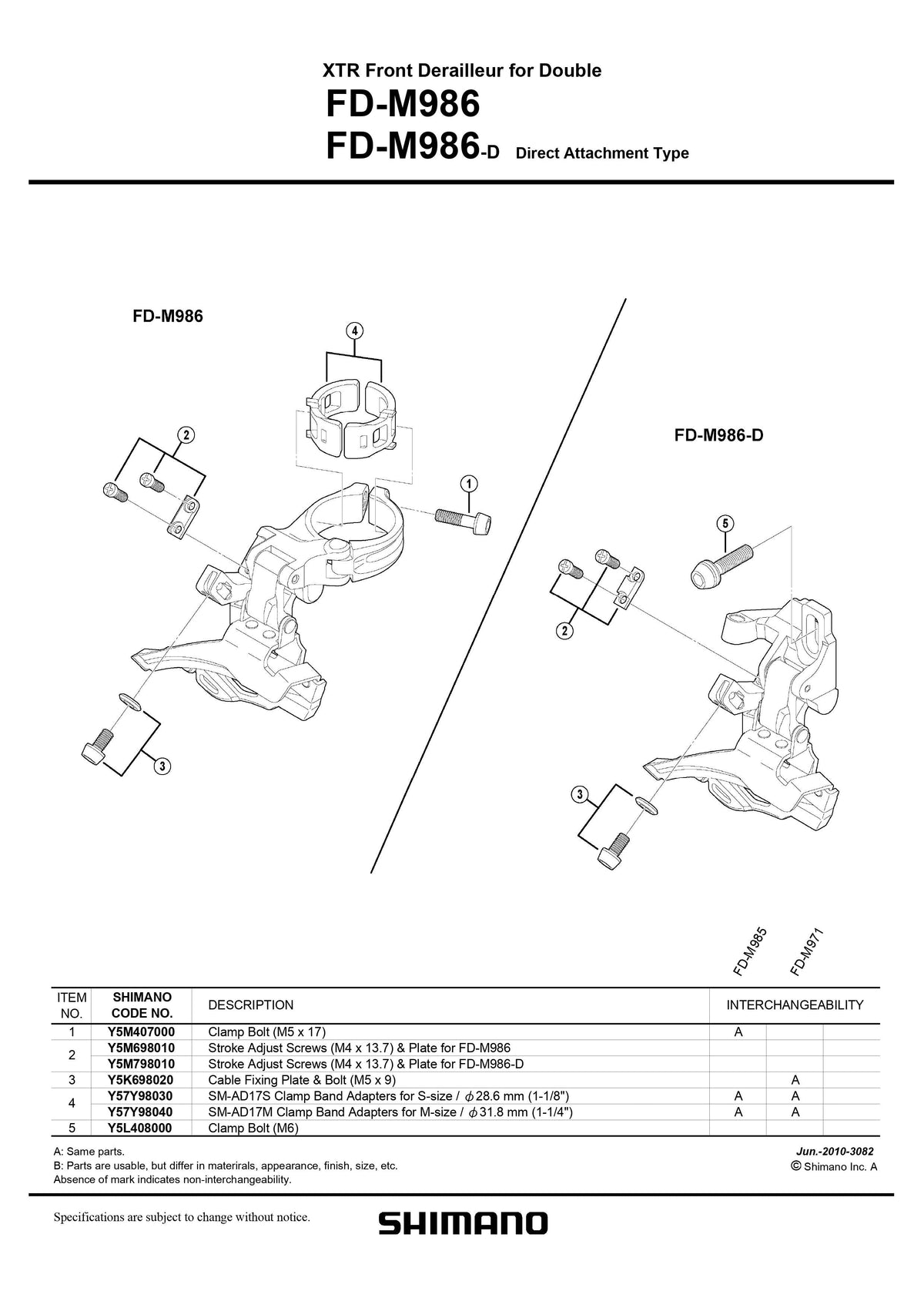 SHIMANO XTR FD-M986 Front Derailleur SM-AD17S Clamp Band Adapters for 28.6mm - Y57Y98030-Pit Crew Cycles