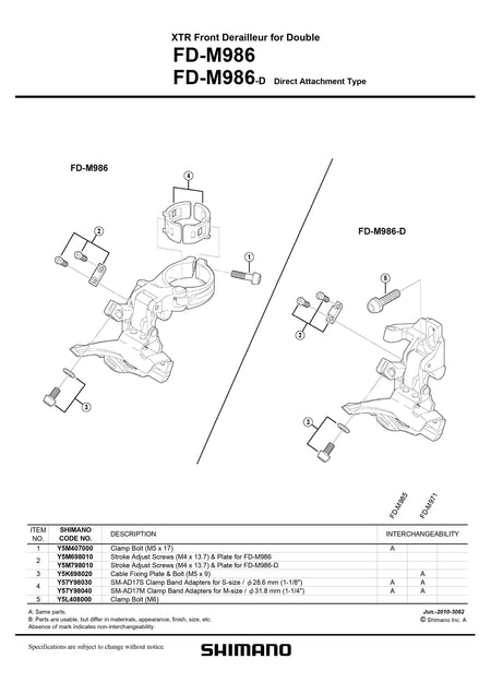 SHIMANO XTR FD-M986 Front Derailleur SM-AD17S Clamp Band Adapters for 28.6mm - Y57Y98030-Pit Crew Cycles