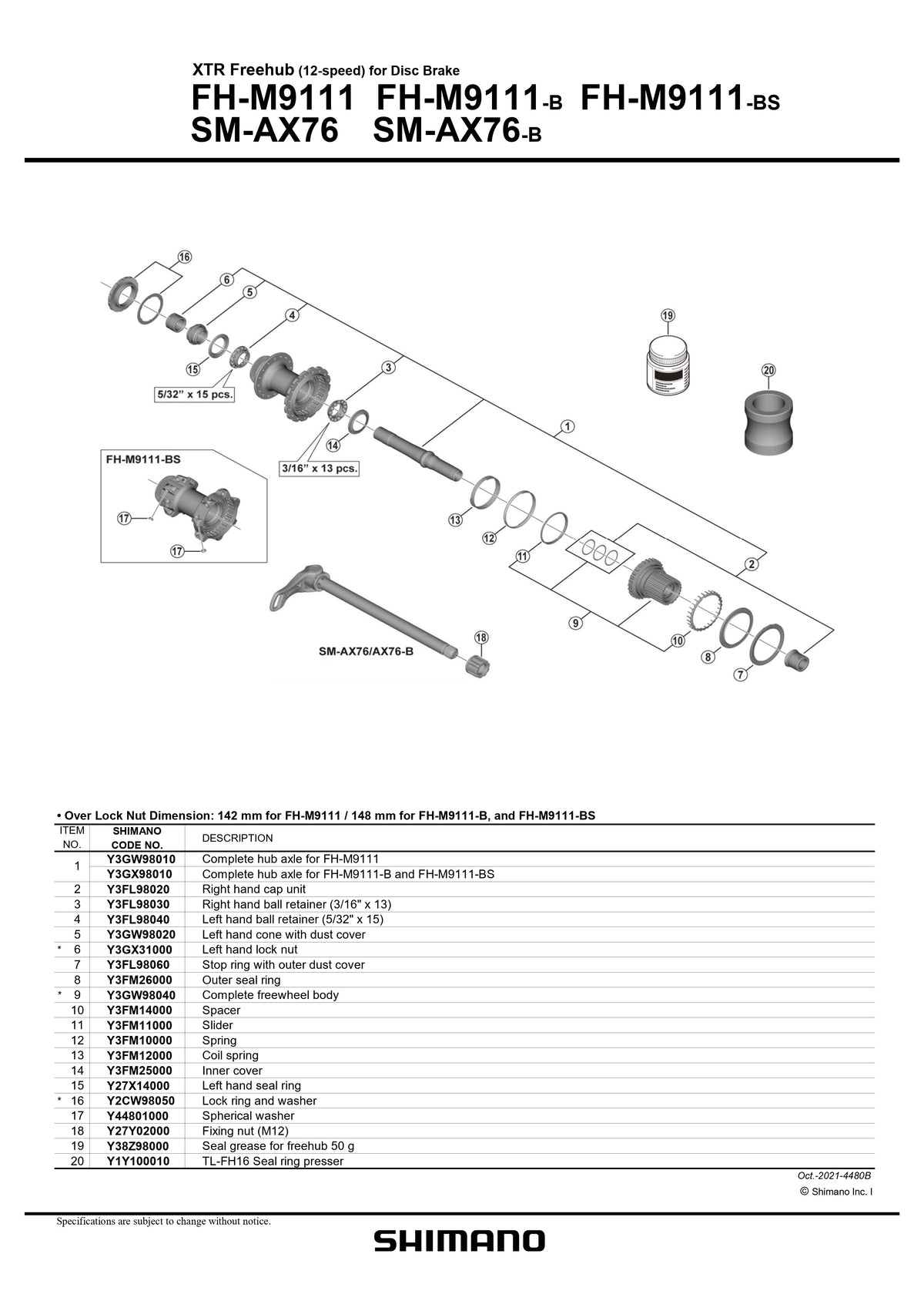 SHIMANO XTR FH-M9111 Freehub 12-Speed for Disc Brake Rear Right Ball Retainer - 3/16 x 13 - Y3FL98030-Pit Crew Cycles