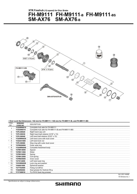 SHIMANO XTR FH-M9111 Freehub 12-Speed for Disc Brake Rear Right Ball Retainer - 3/16 x 13 - Y3FL98030-Pit Crew Cycles