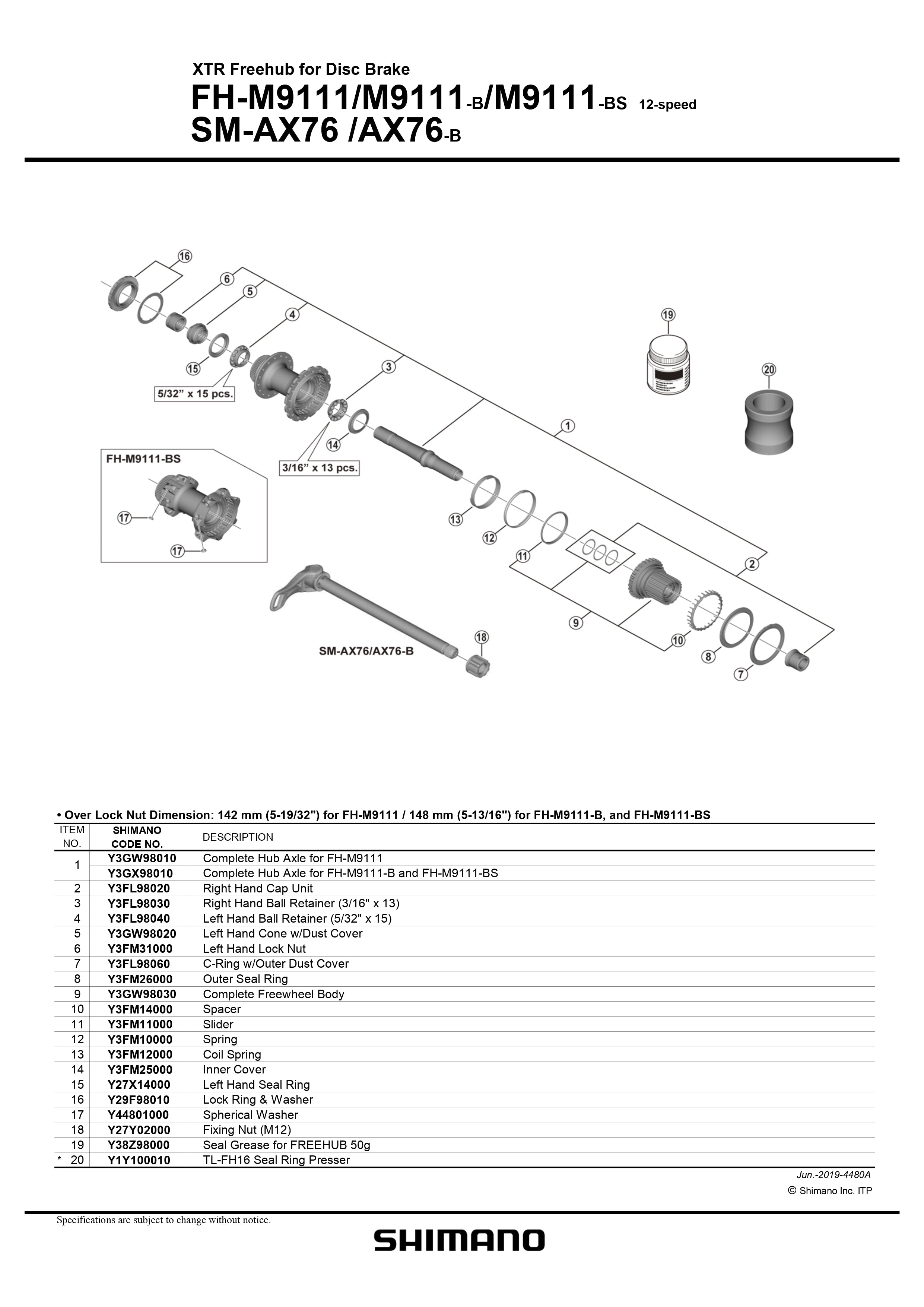 SHIMANO XTR FH-M9111 Freehub for Disc Brake 12 Speed Rear Spacer - Y3FM14000-Pit Crew Cycles