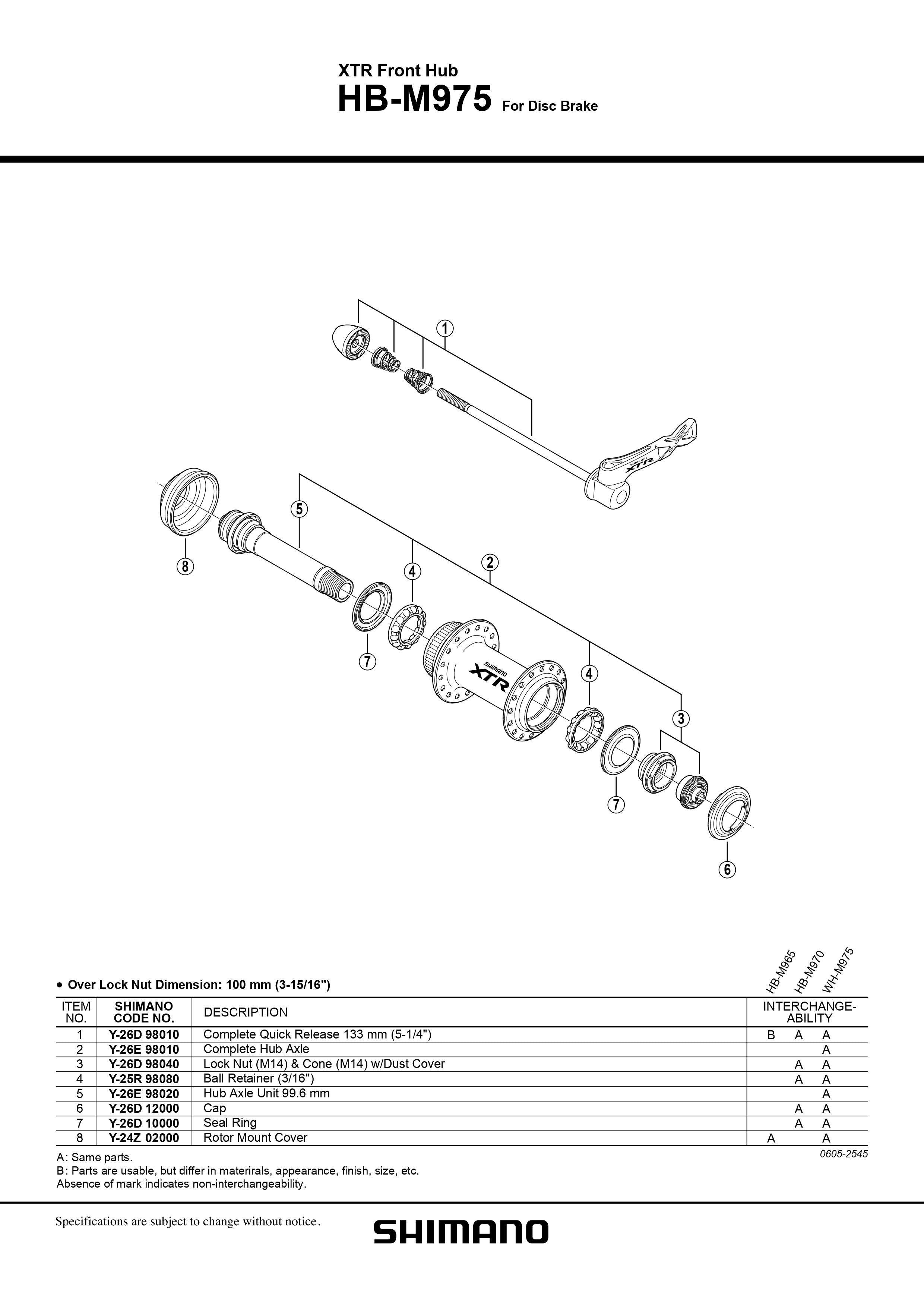SHIMANO XTR HB-M975 Front Hub for Disc Brake Hub Axle Unit 99.6mm - Y26E98020-Pit Crew Cycles