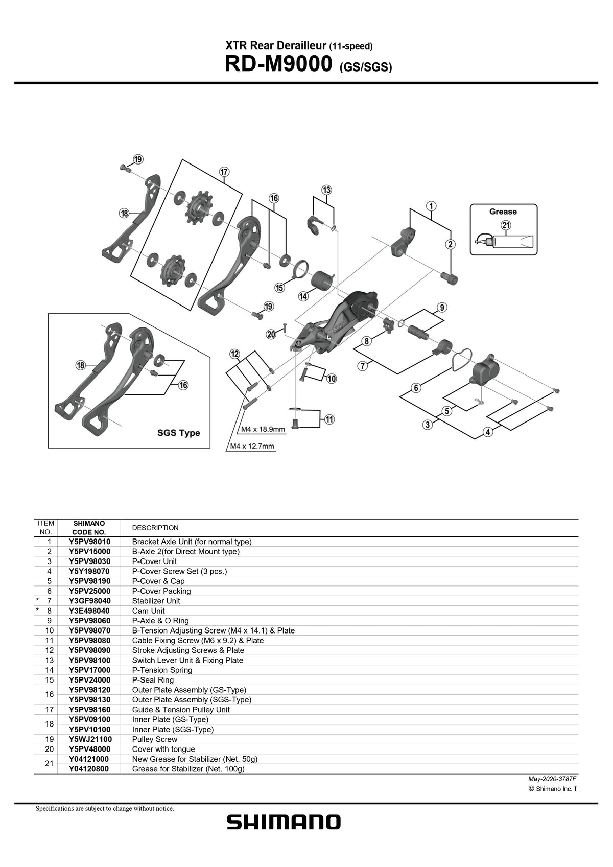 SHIMANO XTR RD-M9000 (GS/SGS) Rear Derailleur 11-Speed Cable Fixing Screw (M6 x 9.2) and Plate - Y5PV98080-Pit Crew Cycles