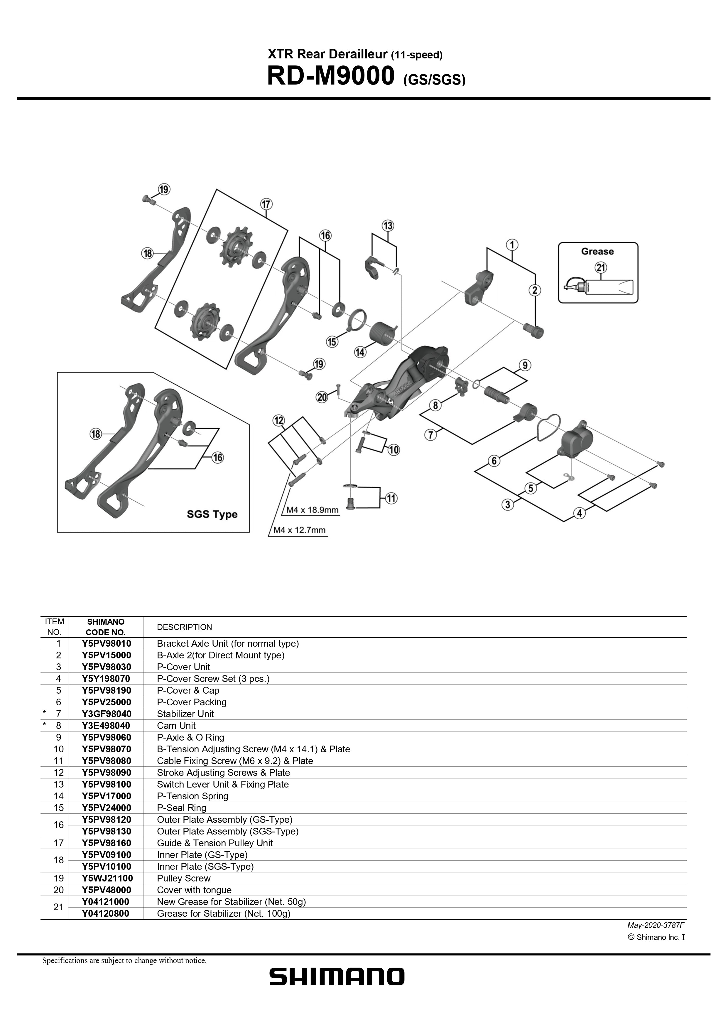SHIMANO XTR RD-M9000 (GS/SGS) Rear Derailleur 11-Speed Cable Fixing Screw (M6 x 9.2) and Plate - Y5PV98080-Pit Crew Cycles