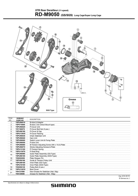 SHIMANO XTR RD-M9050 GS/SGS Rear Derailleur 11 Speed Plate Stopper Pin - Y5X028200-Pit Crew Cycles