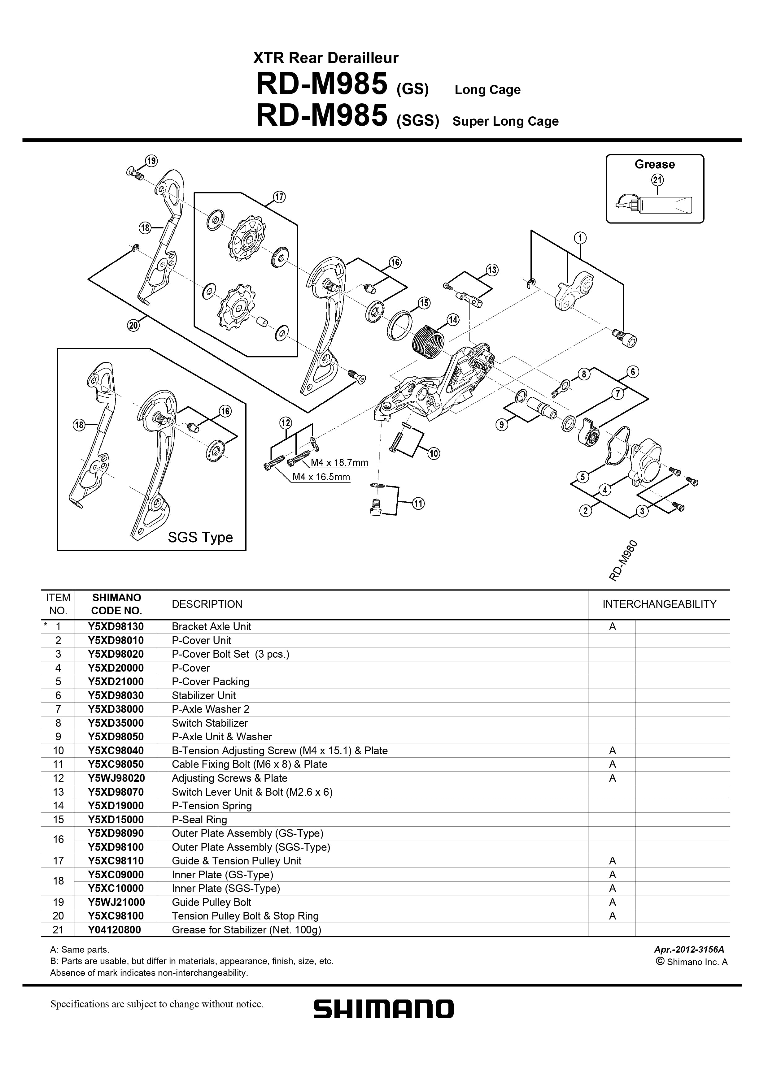 SHIMANO XTR RD-M985 Rear Derailleur Outer Plate Assembly SGS-Type