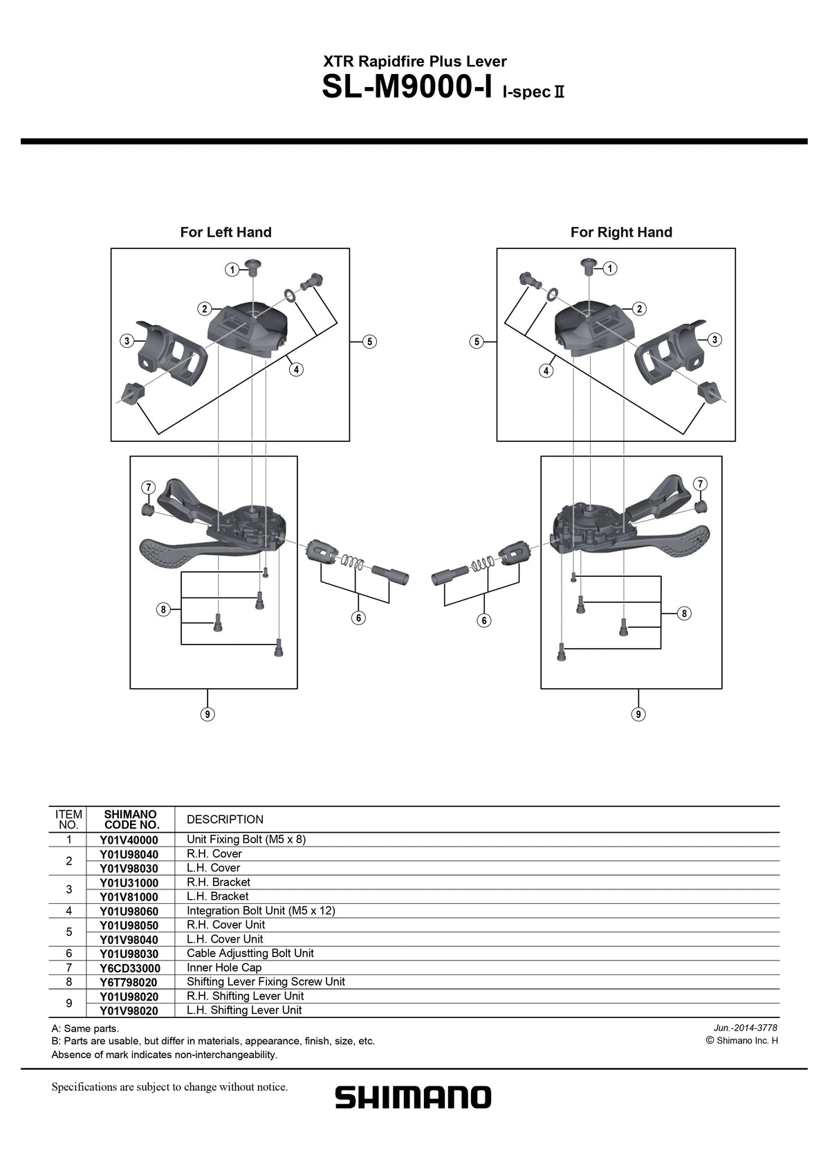 SHIMANO XTR SL-M9000-I Spec II Rapidfire Plus Lever Integration Bolt Unit (M5 x 12) - Y01U98060-Pit Crew Cycles