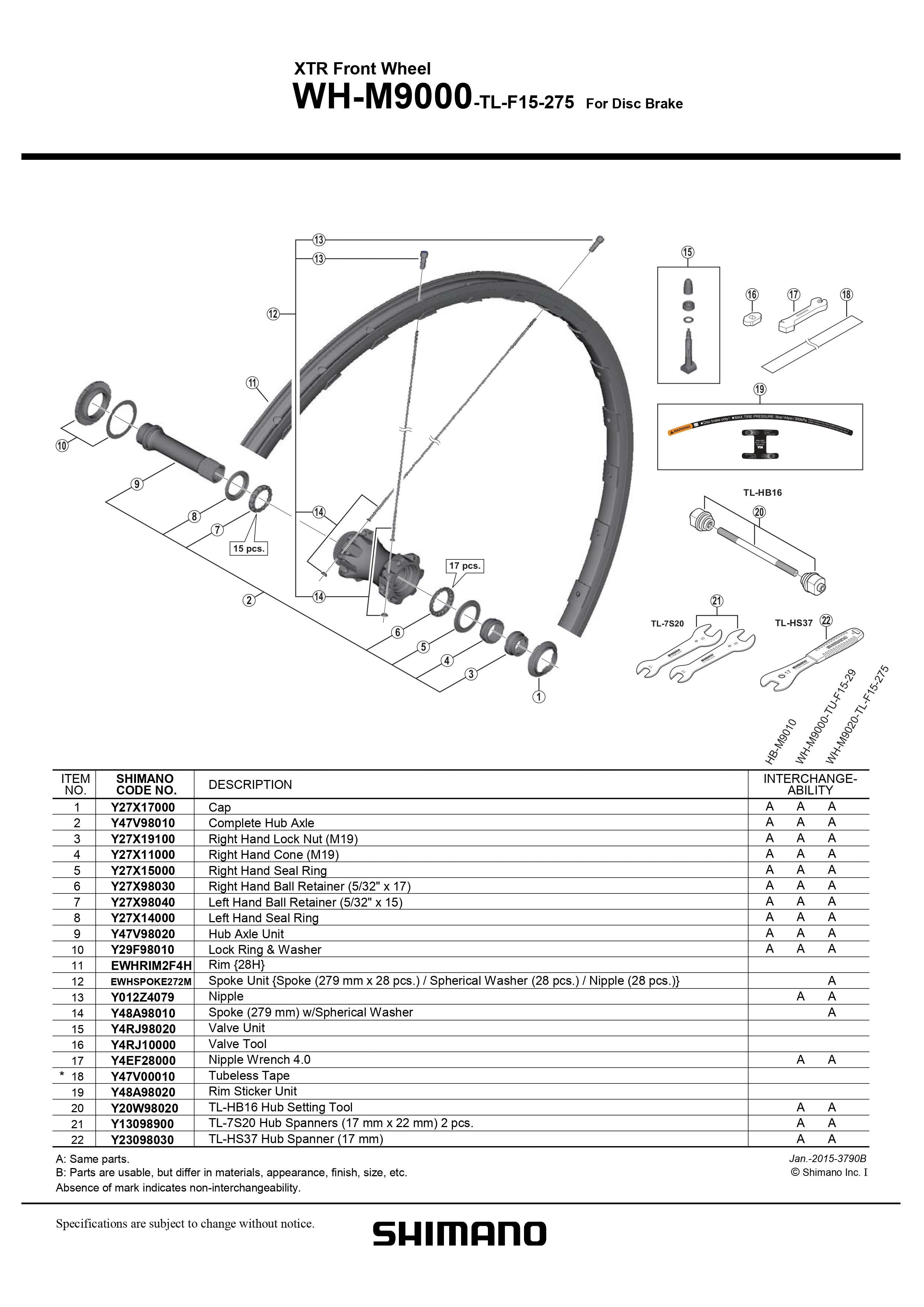 SHIMANO XTR WH-M9000-TL-F15-275 Front Wheel For Disc Brake Spoke 279mm with  Spherical Washer - Y48A98010