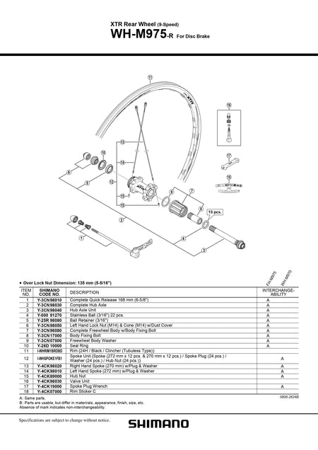SHIMANO XTR WH-M975-R Rear Wheel For Disc Brake Spoke Plug Wrench - 9-Speed - Y4CK19000-Pit Crew Cycles