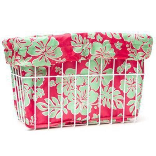 CRUISER CANDY Coral Ray Hibiscus Bike Basket Liner Pink/Green Print - Coral Hibiscus - Coral Hibiscus-Pit Crew Cycles